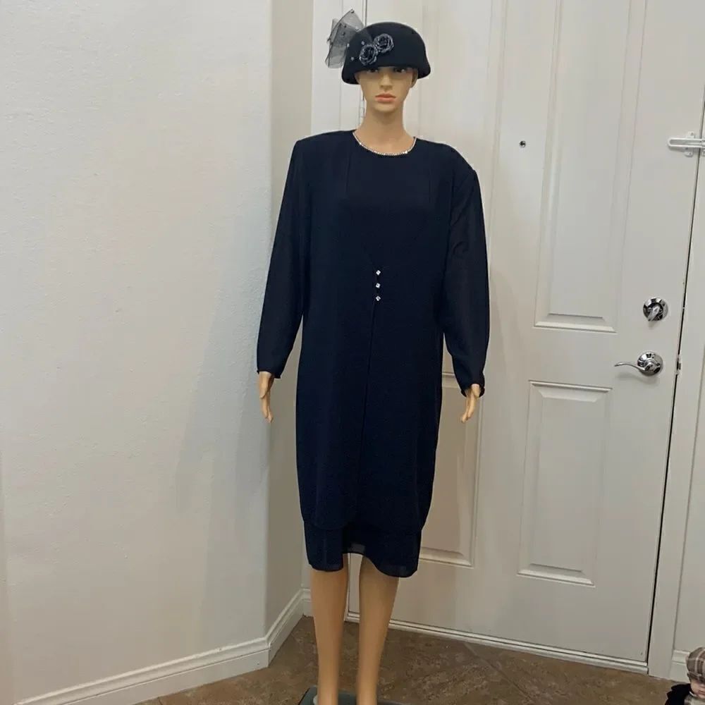 After Dark USA Navy Burgundy Diamond Neck Button Sz 14 Dress Jacket Sheer Sleeve